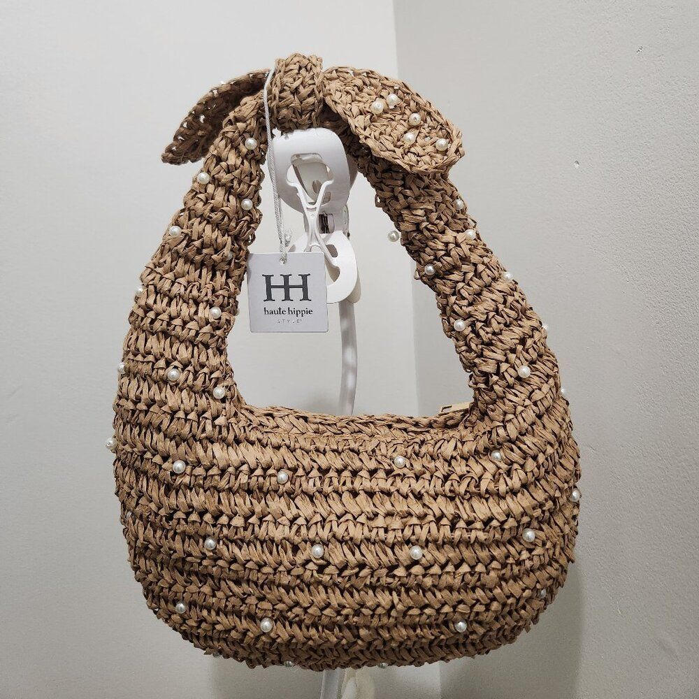 NWT Haute Hippie Natural Raffia Pearl-Embellished Shoulder Bag
